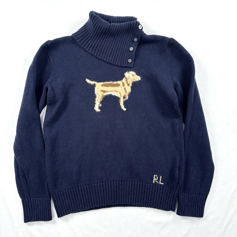 Polo Ralph Lauren Dog Sweater Turtleneck Girls XL 16 Blue Cotton Knit Preppy